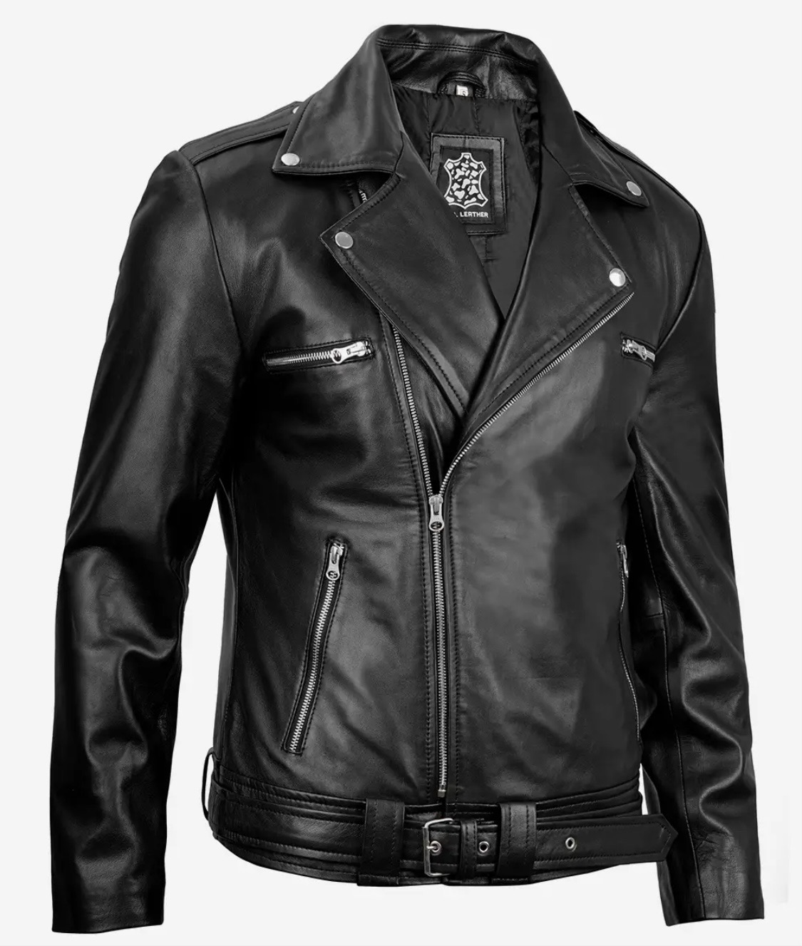 Negan Men’s Black Asymmetrical Belted Biker Style Real Leather Jacket - Image 5