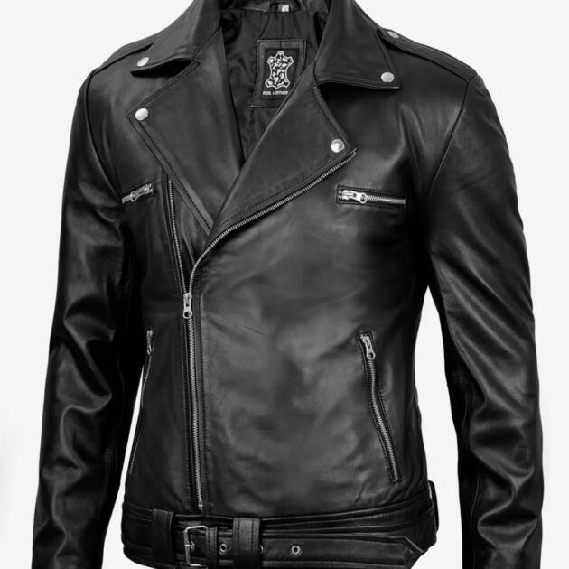 Negan Men’s Black Asymmetrical Belted Biker Style Real Leather Jacket