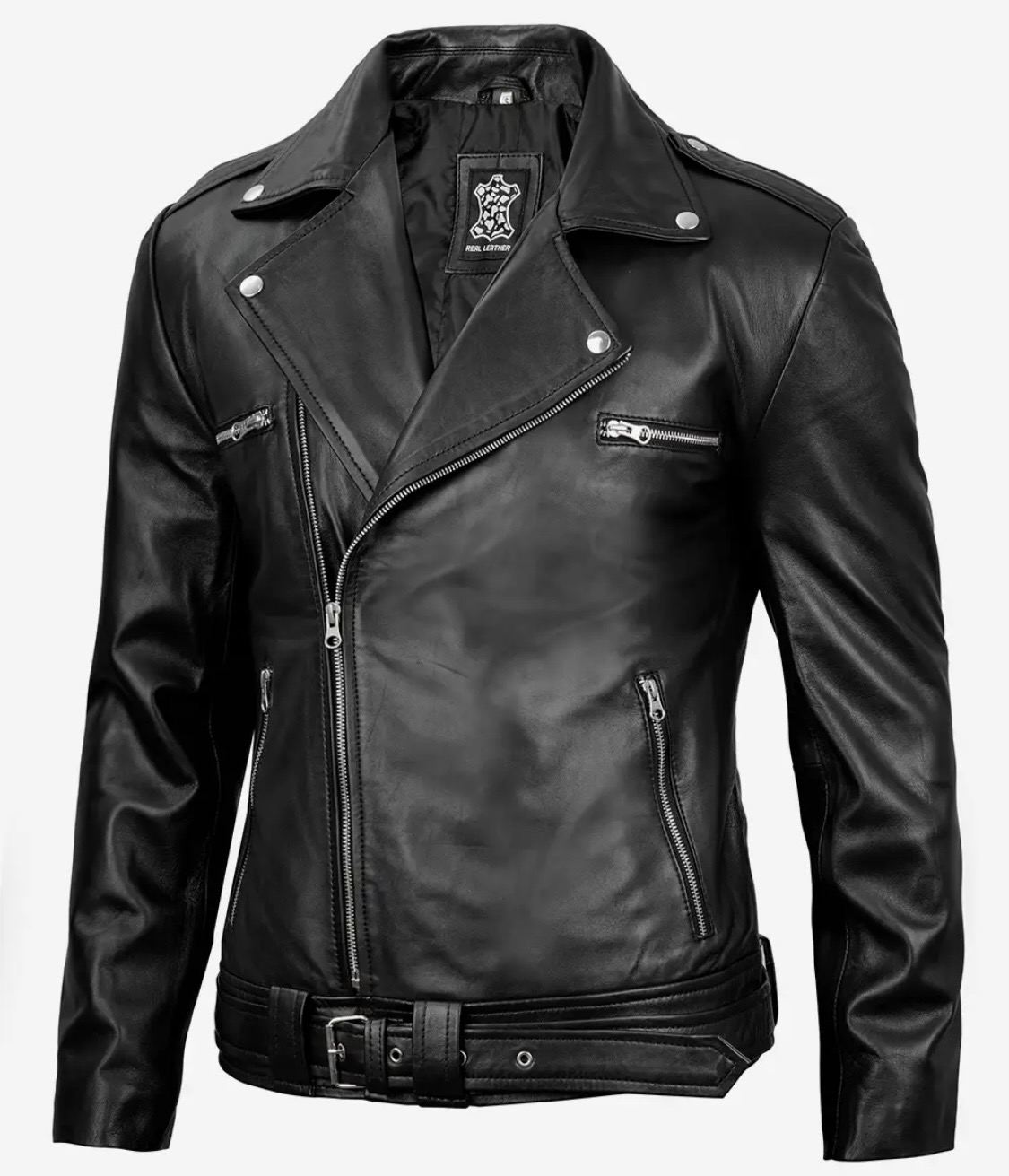 Negan Men’s Black Asymmetrical Belted Biker Style Real Leather Jacket