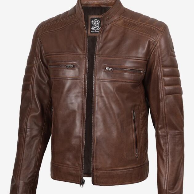 Men's Cognac Biker Style Leather Jacket - Quilted Shoulder