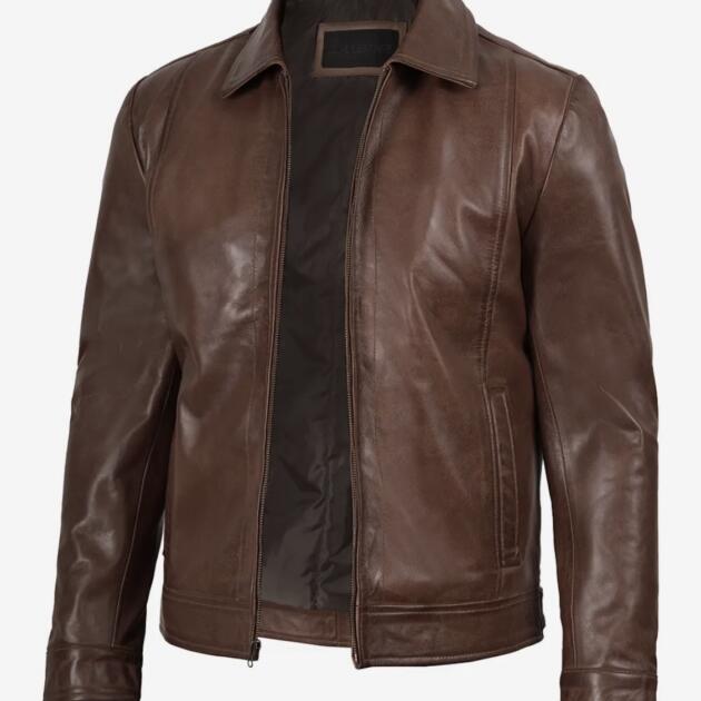 Reeves Men’s Shirt Collar Cognac Harrington Leather Jacket