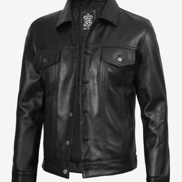 Men’s Four Packets Black Real leather trucker Jacket