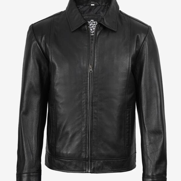 Reeves Men’s Shirt Collar Black Harrington Leather Jacket