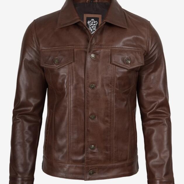Men’s Four Packets Cognac Real leather trucker Jacket