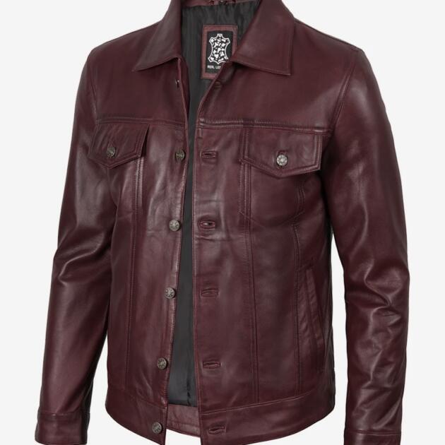 Men’s Four Packets Mahroon Real leather trucker Jacket