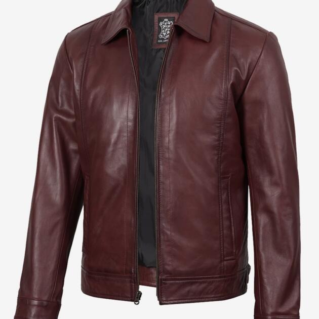 Reeves Men’s Shirt Collar Mahroon Harrington Leather Jacket