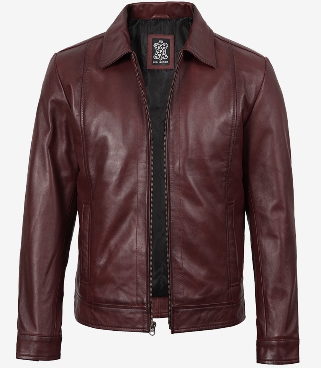 Reeves Men’s Shirt Collar Mahroon Harrington Leather Jacket - Image 5