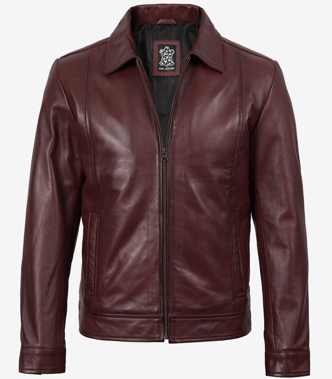 Reeves Men’s Shirt Collar Mahroon Harrington Leather Jacket - Image 3