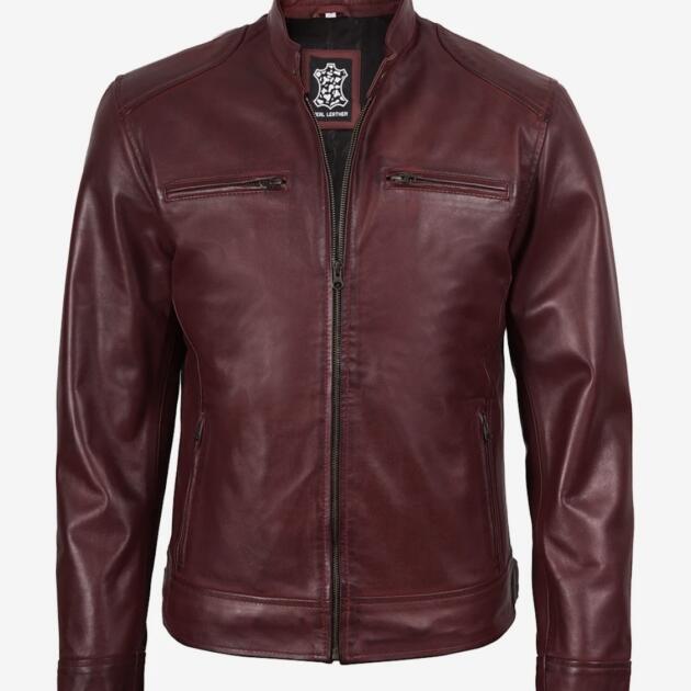 Men’s Premium Burgundy Real Leather Biker Jacket – Regular Fit