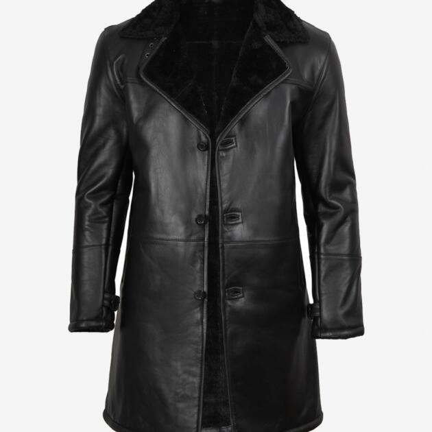Men's Real Leather Black 3/4 Length Shearling Coat