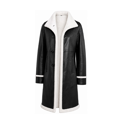 Women's Real Leather 3/4 Length White Faux Shearling Coat