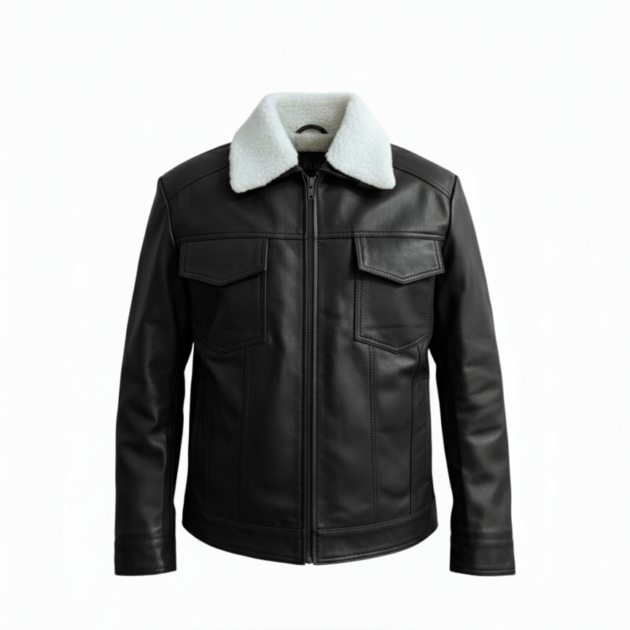 Men’s Black Leather Jacket with Faux Fur Collar