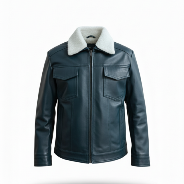 Men’s Blue Leather Jacket with Faux Fur Collar