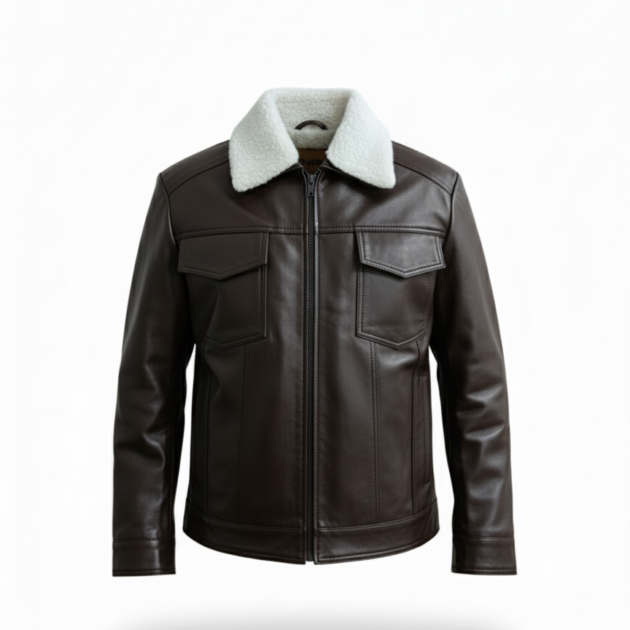 Men’s Brown Leather Jacket with Faux Fur Collar