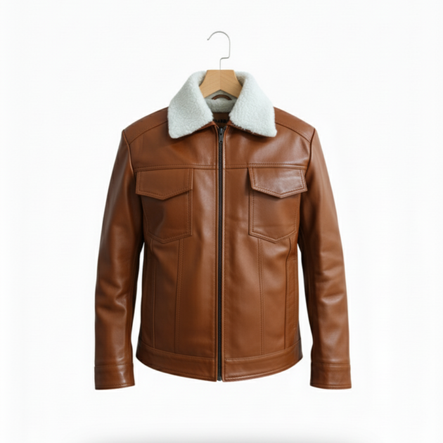 Men’s Real Leather Jacket with Faux Fur Collar