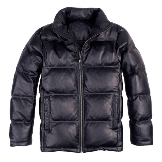 Men’s Black Genuine Sheepskin Polo Neck Thick Winter Quilted Warm Fashionable Padded Puffer Leather Jacket