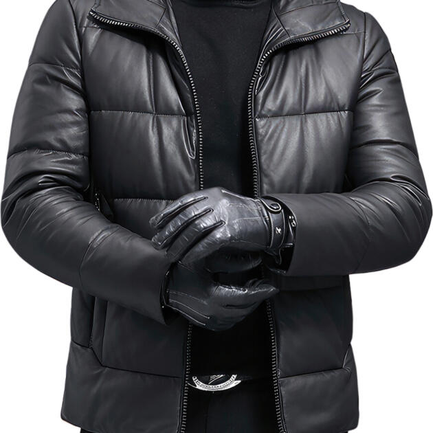 Men’s Black Genuine Sheepskin Faux Fur Collar Cool Fashionable Warm Winter Padded Leather Puffer Jacket
