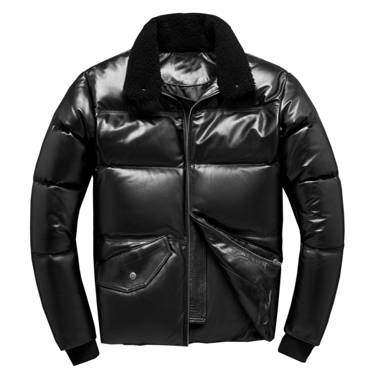 Men’s Black Genuine Sheepskin Faux Fur Collar Cool Fashionable Warm Winter Padded Leather Puffer Jacket - Image 2