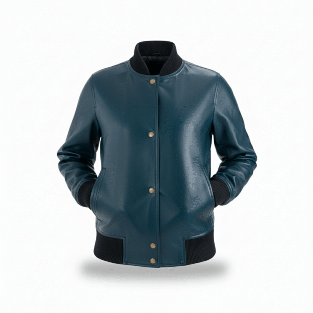 Woman Blue Leather Bomber Jacket with Ribbed Trim