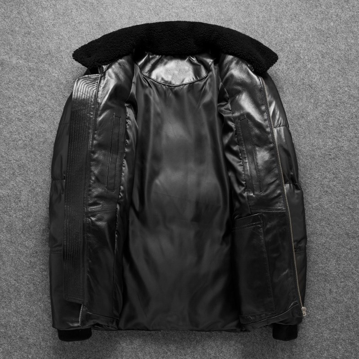Men’s Black Genuine Sheepskin Faux Fur Collar Cool Fashionable Warm Winter Padded Leather Puffer Jacket - Image 4