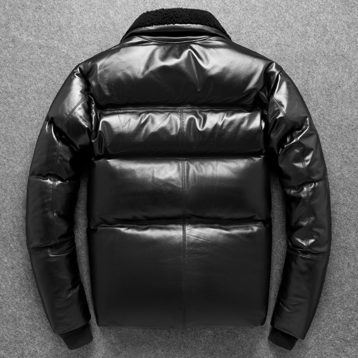 Men’s Black Genuine Sheepskin Faux Fur Collar Cool Fashionable Warm Winter Padded Leather Puffer Jacket - Image 3