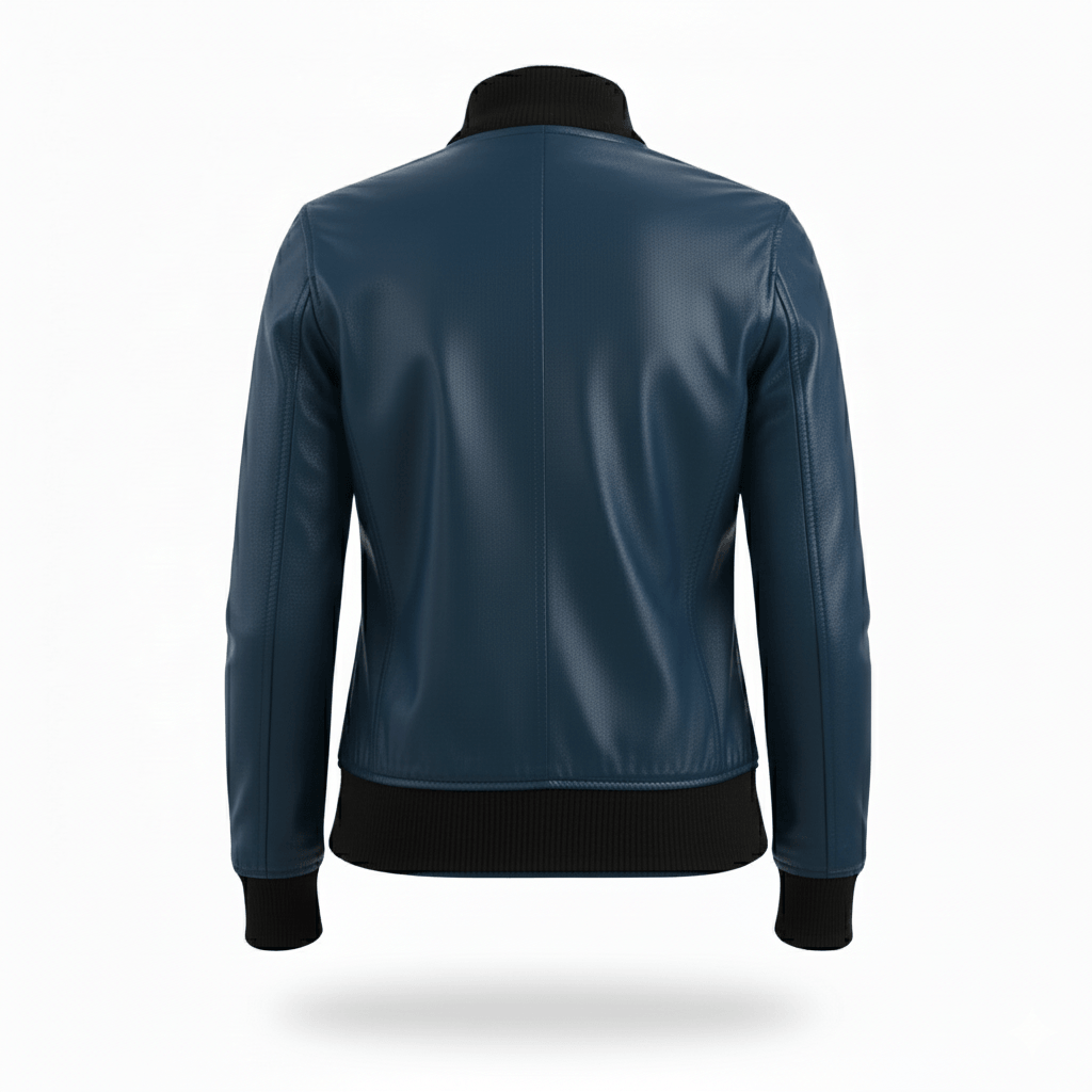 Woman Blue Leather Bomber Jacket with Ribbed Trim - Image 7