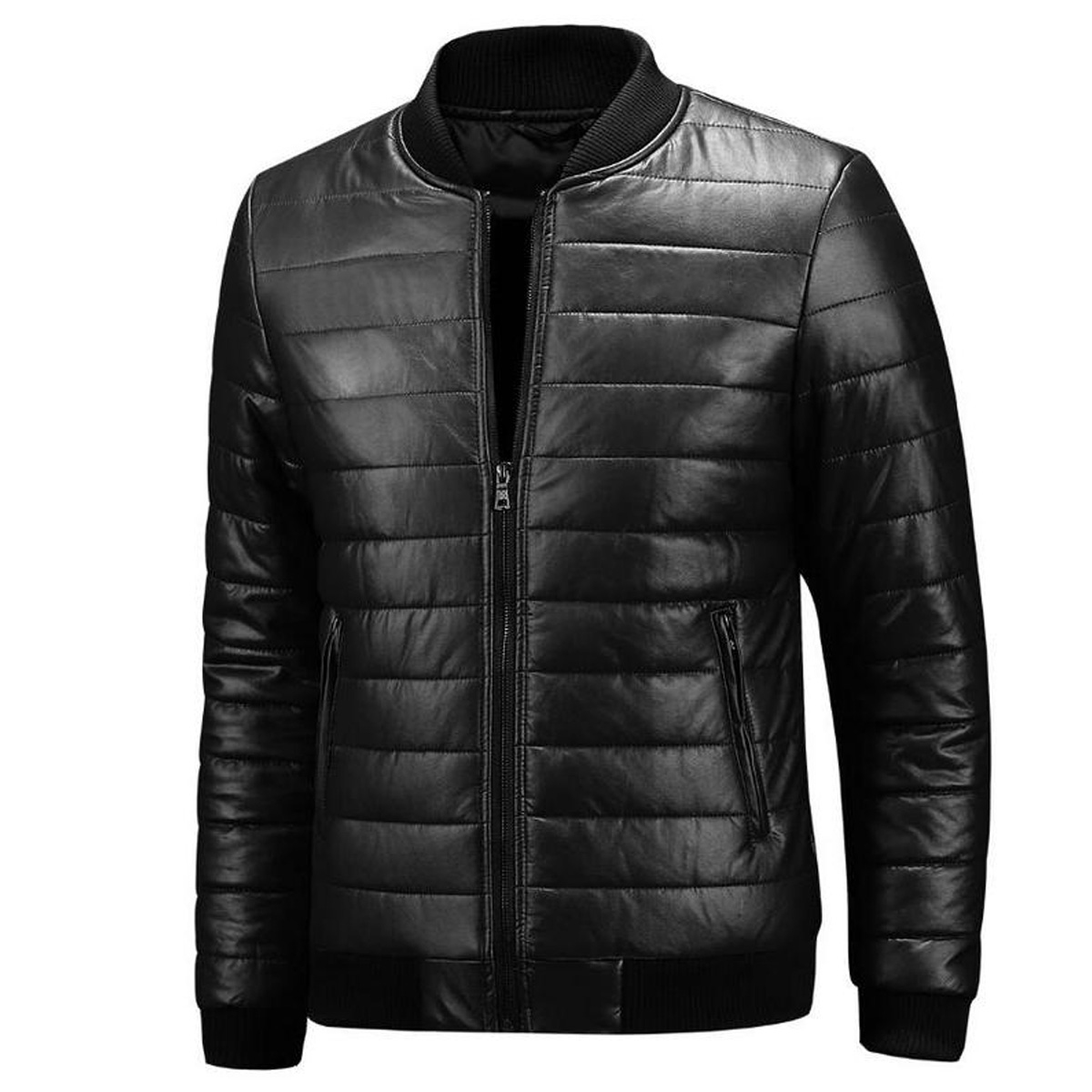 Men’s Black Bomber Genuine Sheepskin Quilted Thick Fashionable Casual Lightweight Puffer Leather Jacket - Image 3