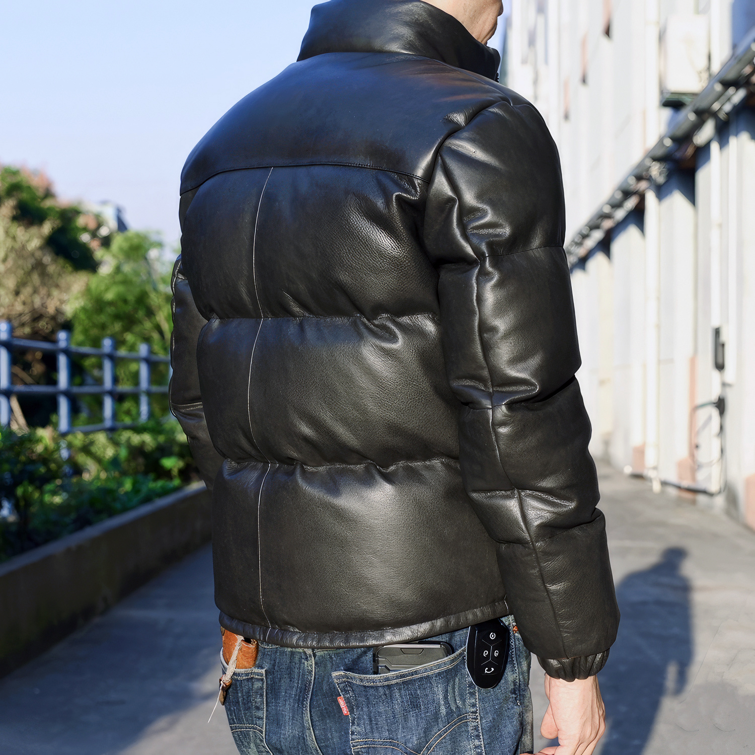 Men’s Black Genuine Sheepskin Stand Collar Baggy Outerwear Winter Warm Thick Insulated Casual Padded Puffer Leather Jacket - Image 3