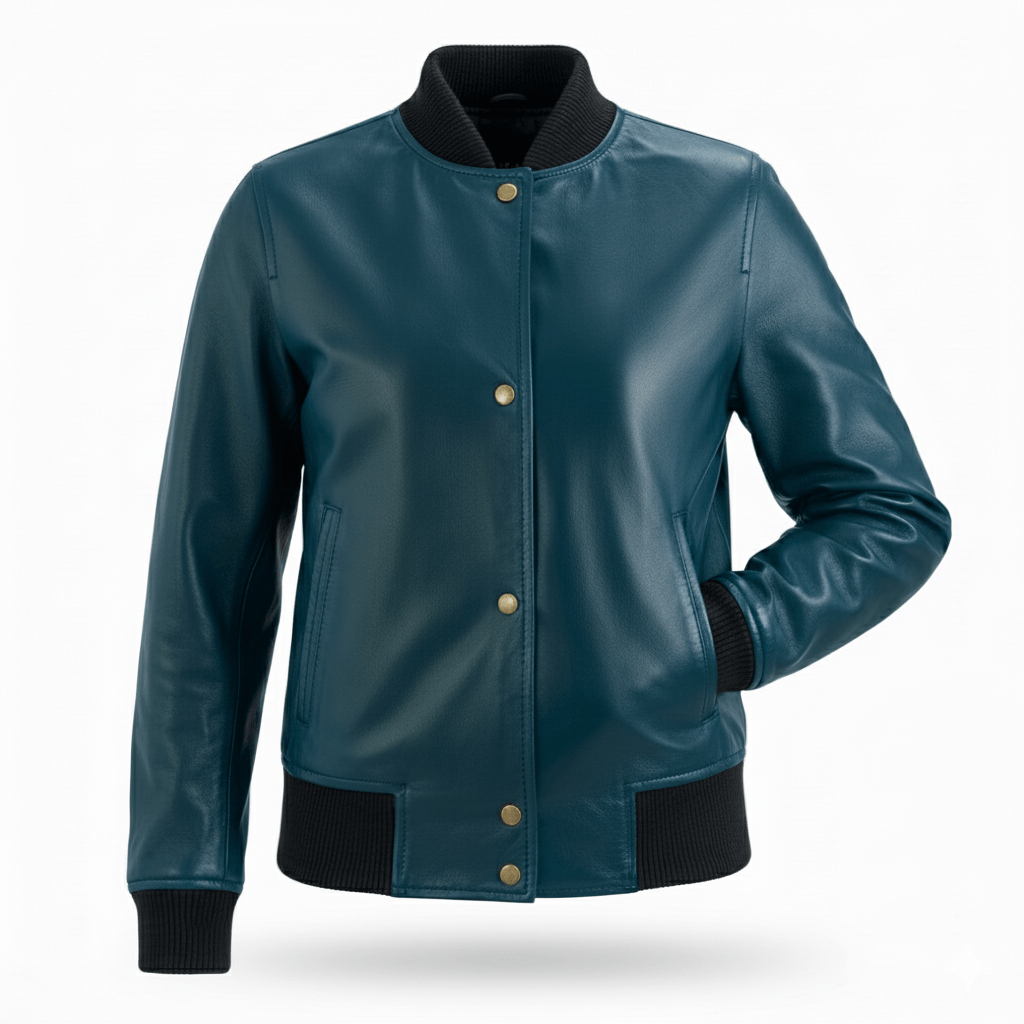 Woman Blue Leather Bomber Jacket with Ribbed Trim - Image 6
