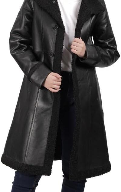 Woman's 3/4 Length Black Real Leather - Shearling Jacket