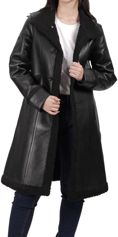 Woman's 3/4 Length Black Real Leather - Shearling Jacket