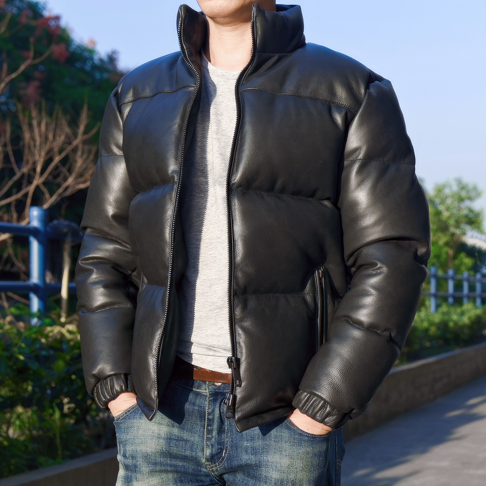 Men’s Black Genuine Sheepskin Stand Collar Baggy Outerwear Winter Warm Thick Insulated Casual Padded Puffer Leather Jacket - Image 2