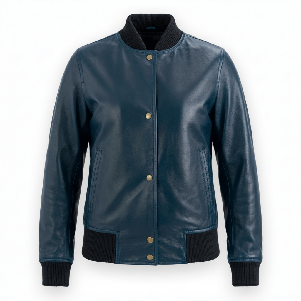 Woman Blue Leather Bomber Jacket with Ribbed Trim - Image 5