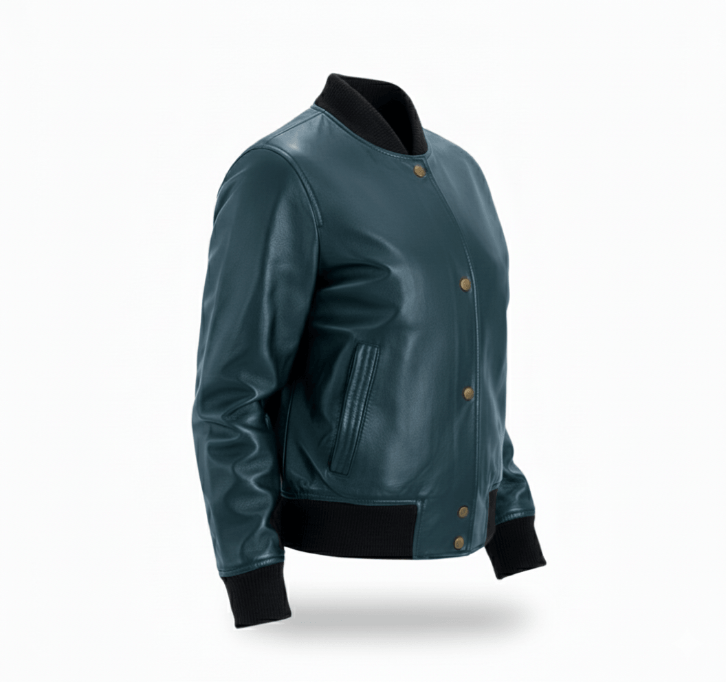 Woman Blue Leather Bomber Jacket with Ribbed Trim - Image 3