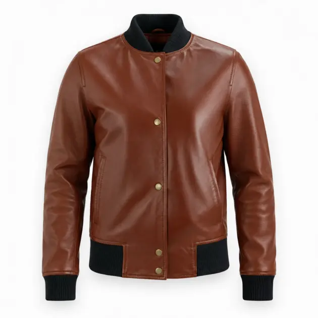 Women's Cognac Brown Genuine Lambskin Leather Bomber Jacket