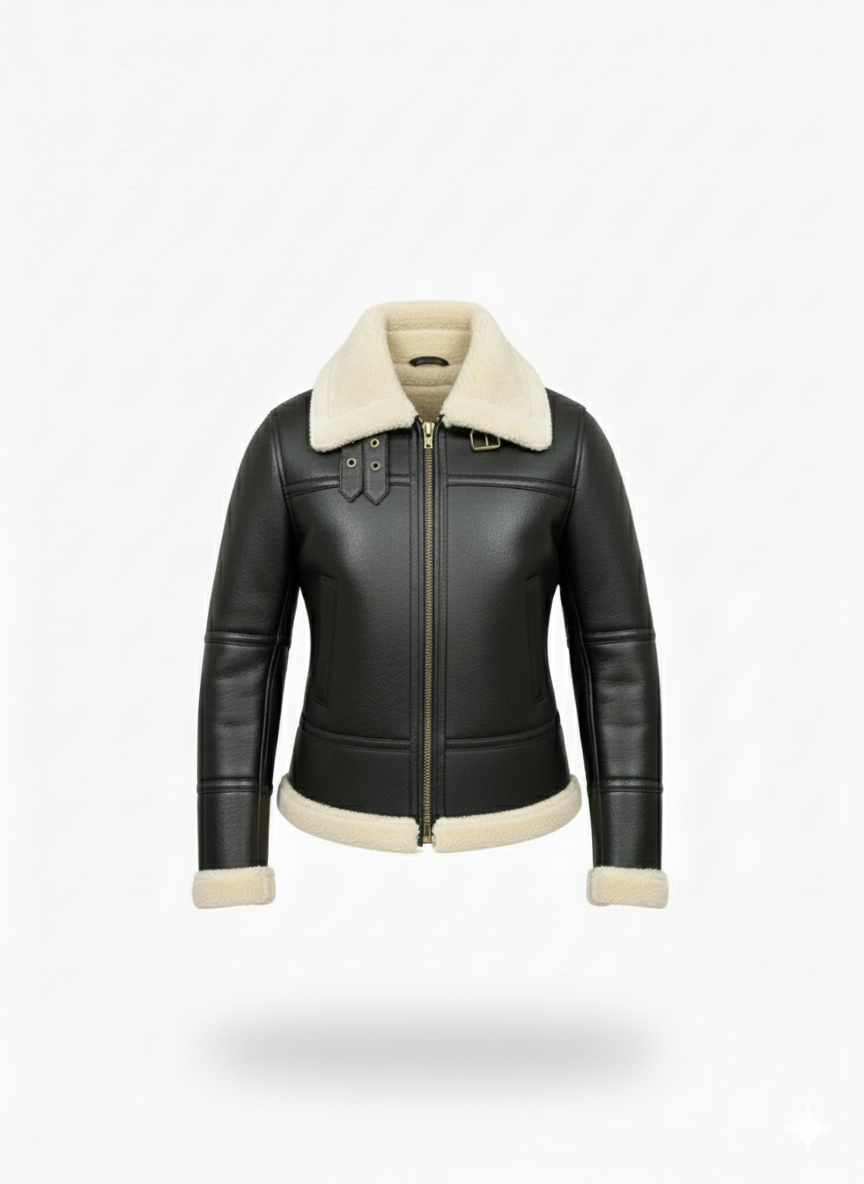 Women’s Black Shearling Aviator Jacket - Image 3