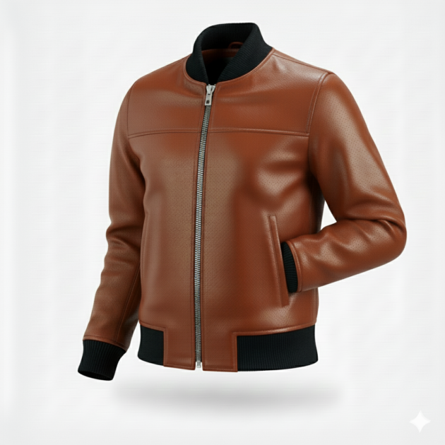 Men’s Cognac Real Leather Bomber Zipper Jacket