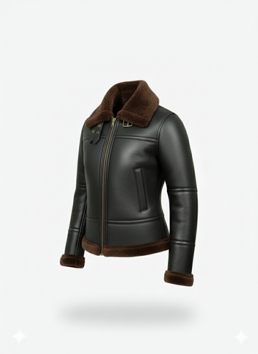Women’s Black Shearling Aviator Jacket - Image 3
