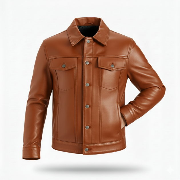 Men’s Four Packets Rich Brown Real leather trucker Jacket