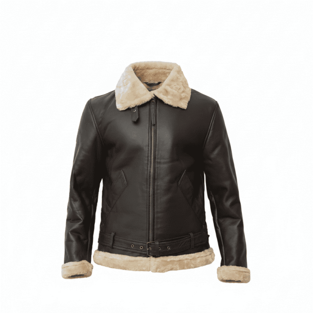 Men's Dark Brown Lambskin Faux Fur Shearling Leather Bomber Jacket