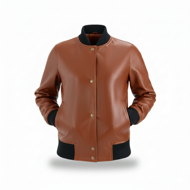 Woman Cognac Leather Bomber Jacket with Ribbed Trim