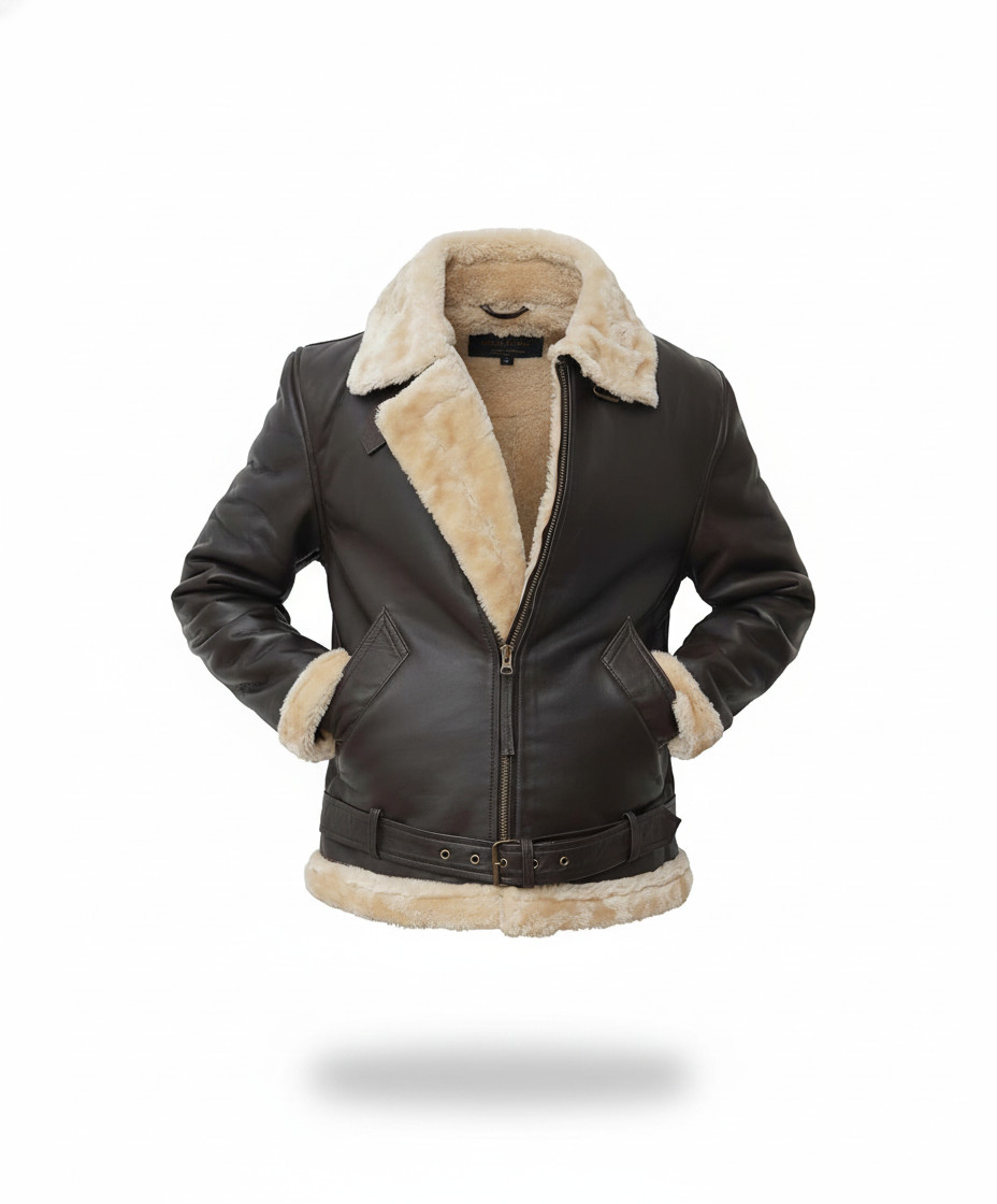 Men’s Black Leather Shearling Jacket - Image 3