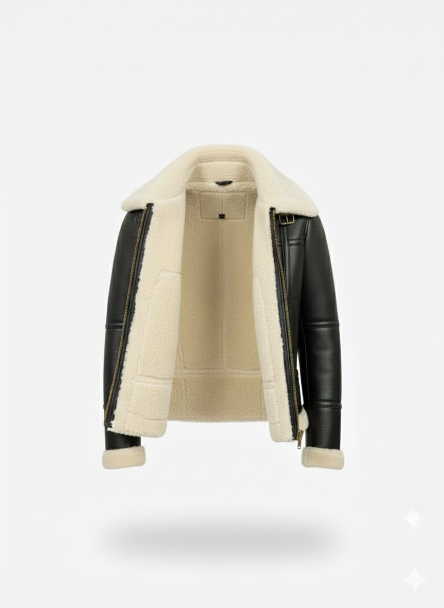 Women’s Black Shearling Aviator Jacket - Image 2