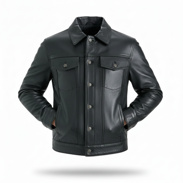 Men’s Four Packets Black Real leather trucker Jacket