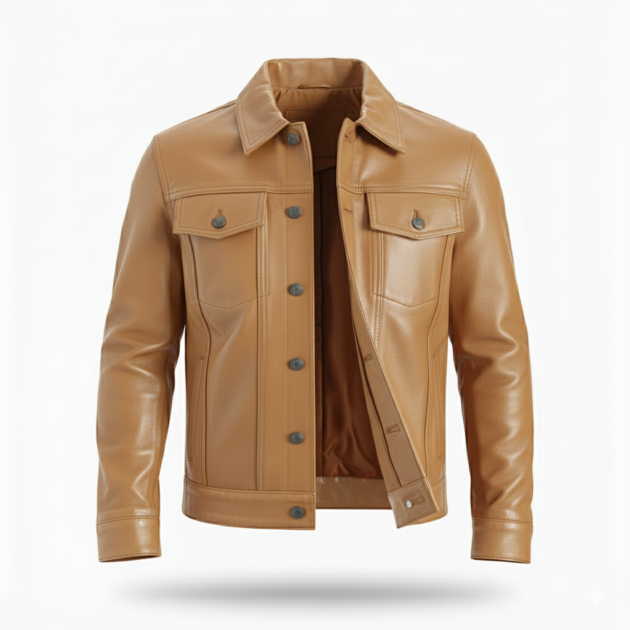 Men’s Four Packets Camel Real leather trucker Jacket