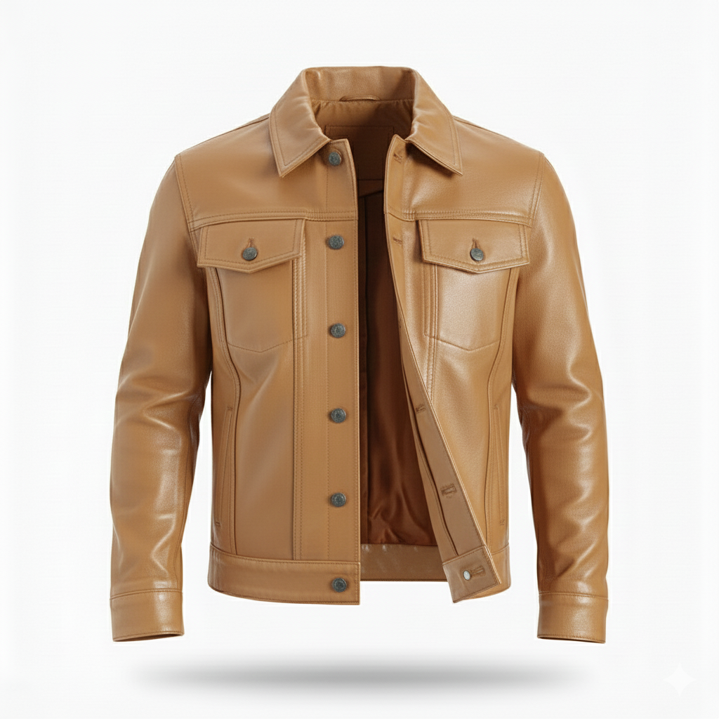 Men’s Four Packets Camel Real leather trucker Jacket