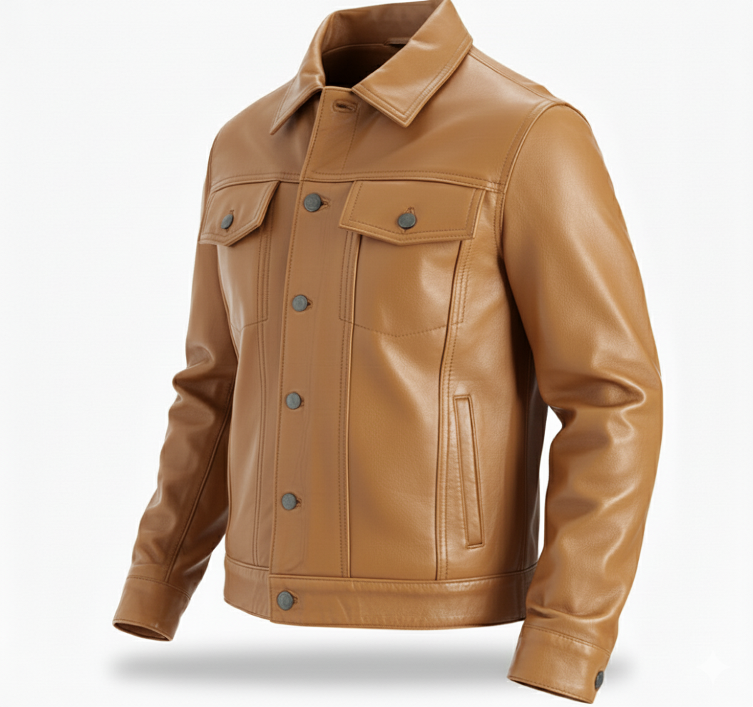 Men’s Four Packets Camel Real leather trucker Jacket - Image 5