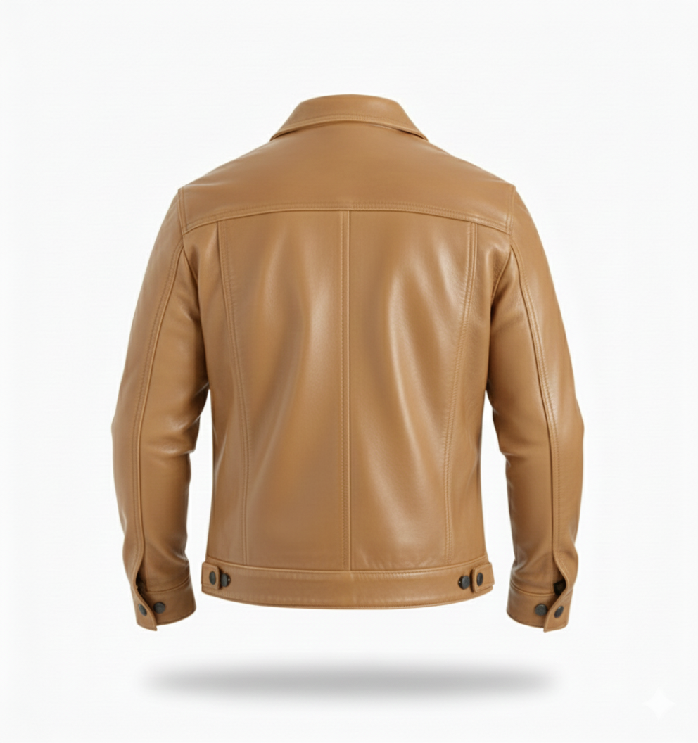 Men’s Four Packets Camel Real leather trucker Jacket - Image 6