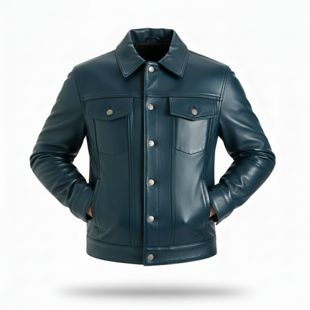 Men’s Four Packets Blue Real leather trucker Jacket