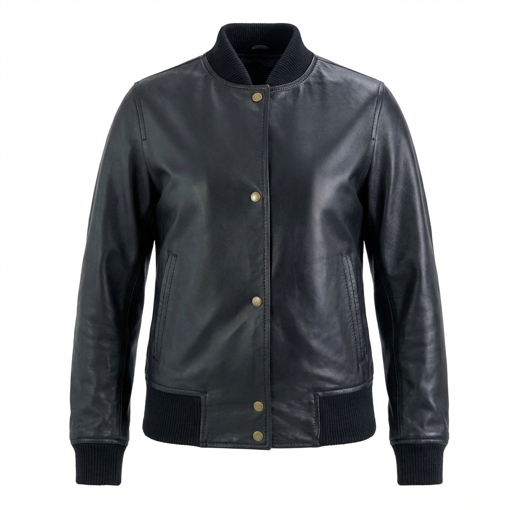 Woman Dark Gray Leather Bomber Jacket with Ribbed Trim - Image 7